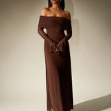 Off-Shoulder Flounce Sleeve Sequin Maxi Dress
