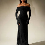 Off-Shoulder Flounce Sleeve Sequin Maxi Dress