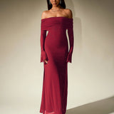 Off-Shoulder Flounce Sleeve Sequin Maxi Dress