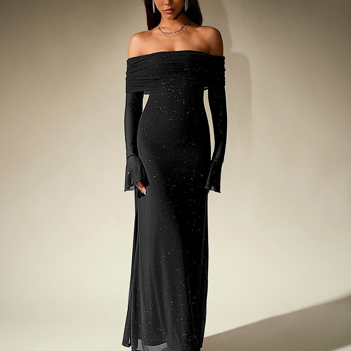 Off-Shoulder Flounce Sleeve Sequin Maxi Dress