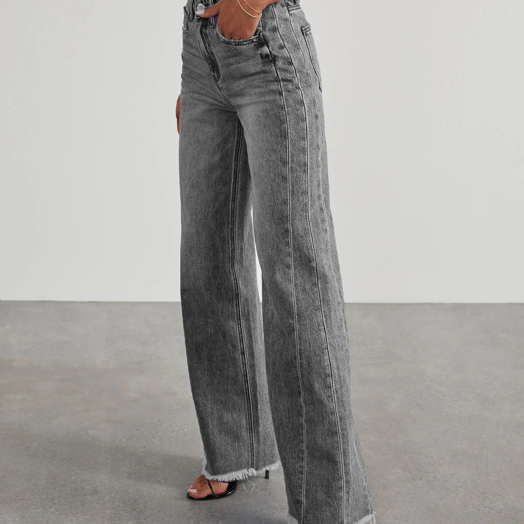 Damen-Weitbein-Jeans in Grau mit Raw-Hem
