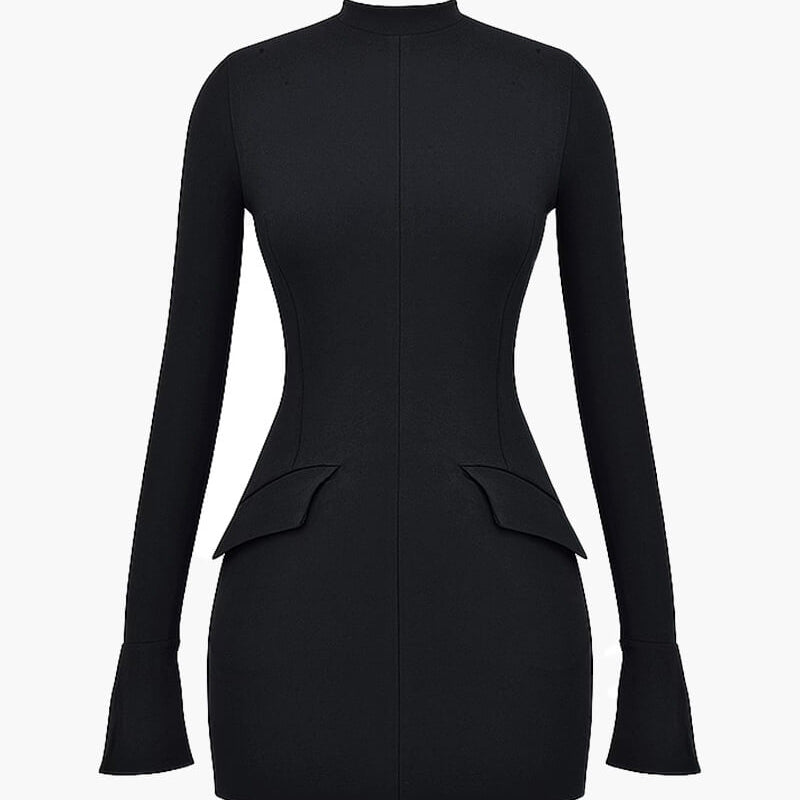 Navy Long Sleeve Bodycon Mini Dress with Peplum Waist Detail
