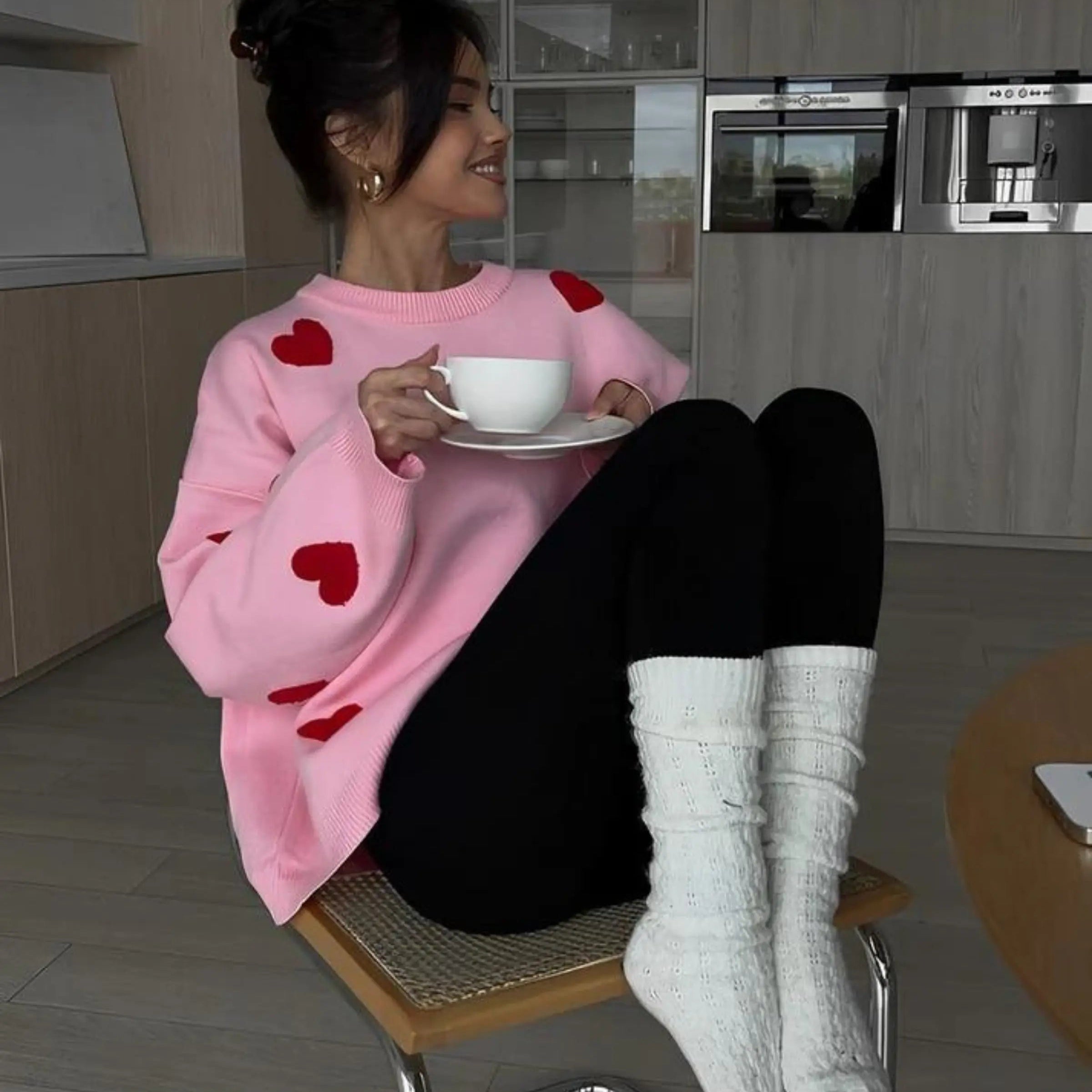 Heart Print Oversized Knit Sweater Cozy Relaxed Fit