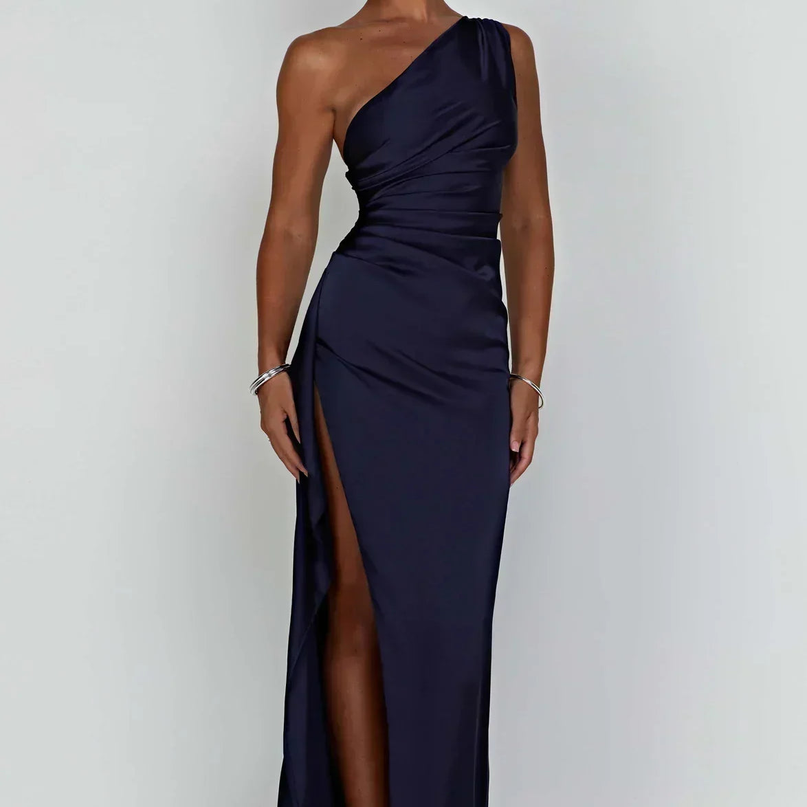 One-Shoulder Satin Maxi Dress with High Slit