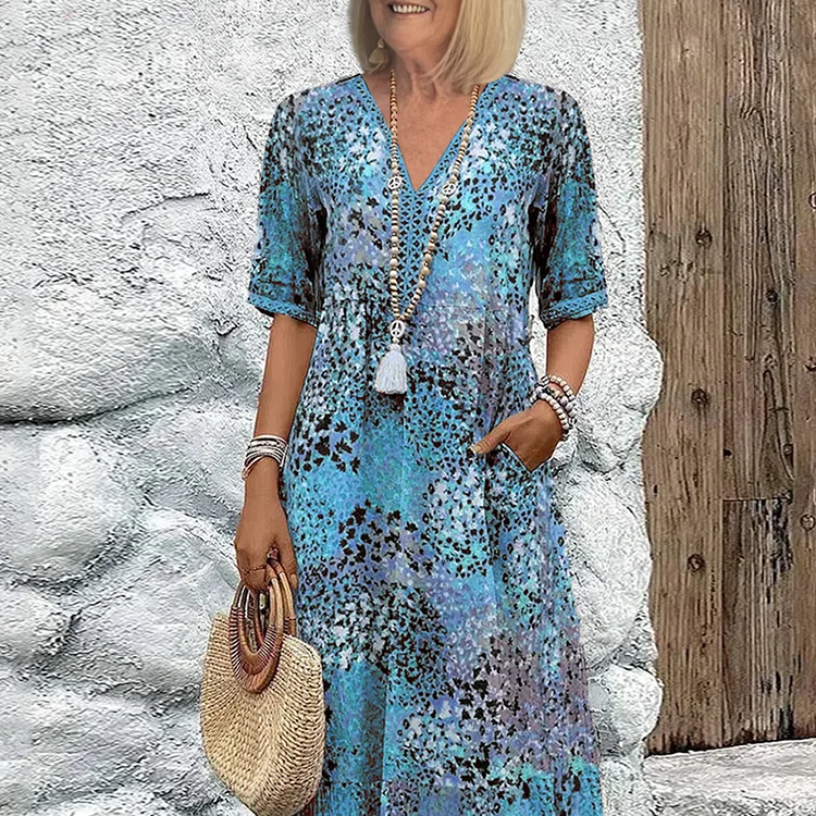 Sommerkleid mit V-Ausschnitt & Allover-Muster – Knielang & bequem