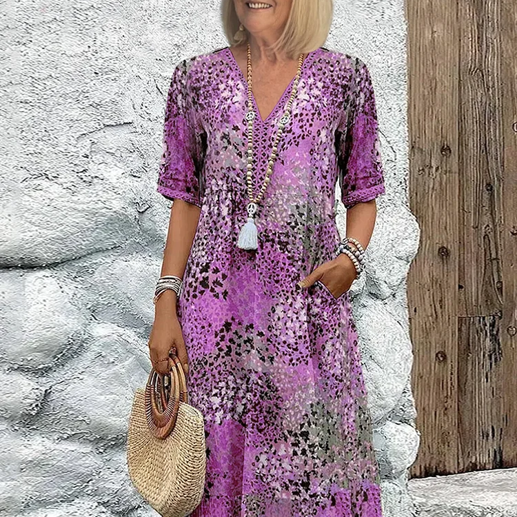 Sommerkleid mit V-Ausschnitt & Allover-Muster – Knielang & bequem
