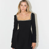 Violet | Long Sleeve Pearl Trim Mini Dress – Elegant Cocktail Dress