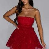 Strapless Glitter Flared Mini Dress