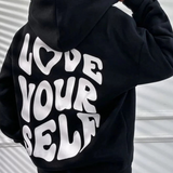 Oversized Hoodie Damen – Schwarzer Kapuzenpullover mit „Love Yourself“ Rückendruck
