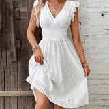 V-Neck Eyelet Lace Midi Dress