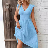 V-Neck Eyelet Lace Midi Dress