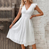 V-Neck Eyelet Lace Midi Dress