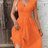 V-Neck Eyelet Lace Midi Dress