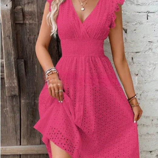 V-Neck Eyelet Lace Midi Dress