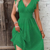 V-Neck Eyelet Lace Midi Dress