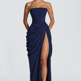 Strapless Ruched High Slit Maxi Dress