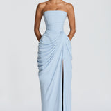 Strapless Ruched High Slit Maxi Dress