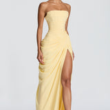 Strapless Ruched High Slit Maxi Dress