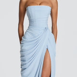 Strapless Ruched High Slit Maxi Dress