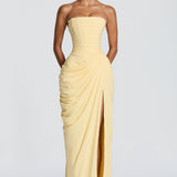 Strapless Ruched High Slit Maxi Dress