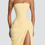 Strapless Ruched High Slit Maxi Dress