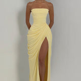 Strapless Ruched High Slit Maxi Dress