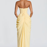 Strapless Ruched High Slit Maxi Dress