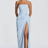 Strapless Ruched High Slit Maxi Dress