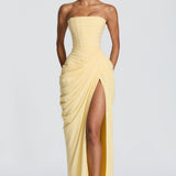 Strapless Ruched High Slit Maxi Dress