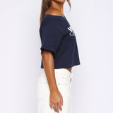 I Have That Feeling Boxy Off Shoulder T-shirt Navy Blue – Cute, Light and Stylish
